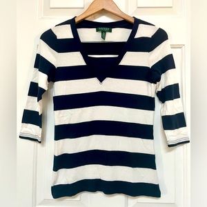 Ralph Lauren Cotton Navy/White Striped V-Neck Sweater